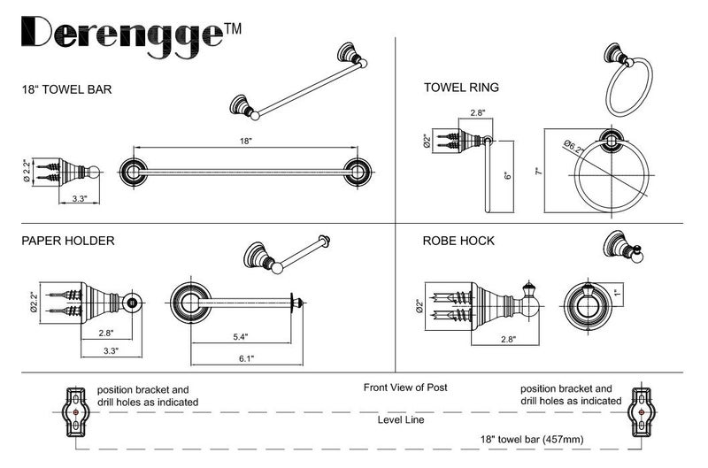 Derengge F-080-NB 4-Piece Bathroom Hardware Accessory Set with 18 Inch Towel Bar -Towel Ring- Paper Holder-Robe Hook Oil Rubbed Bronze - Image 2
